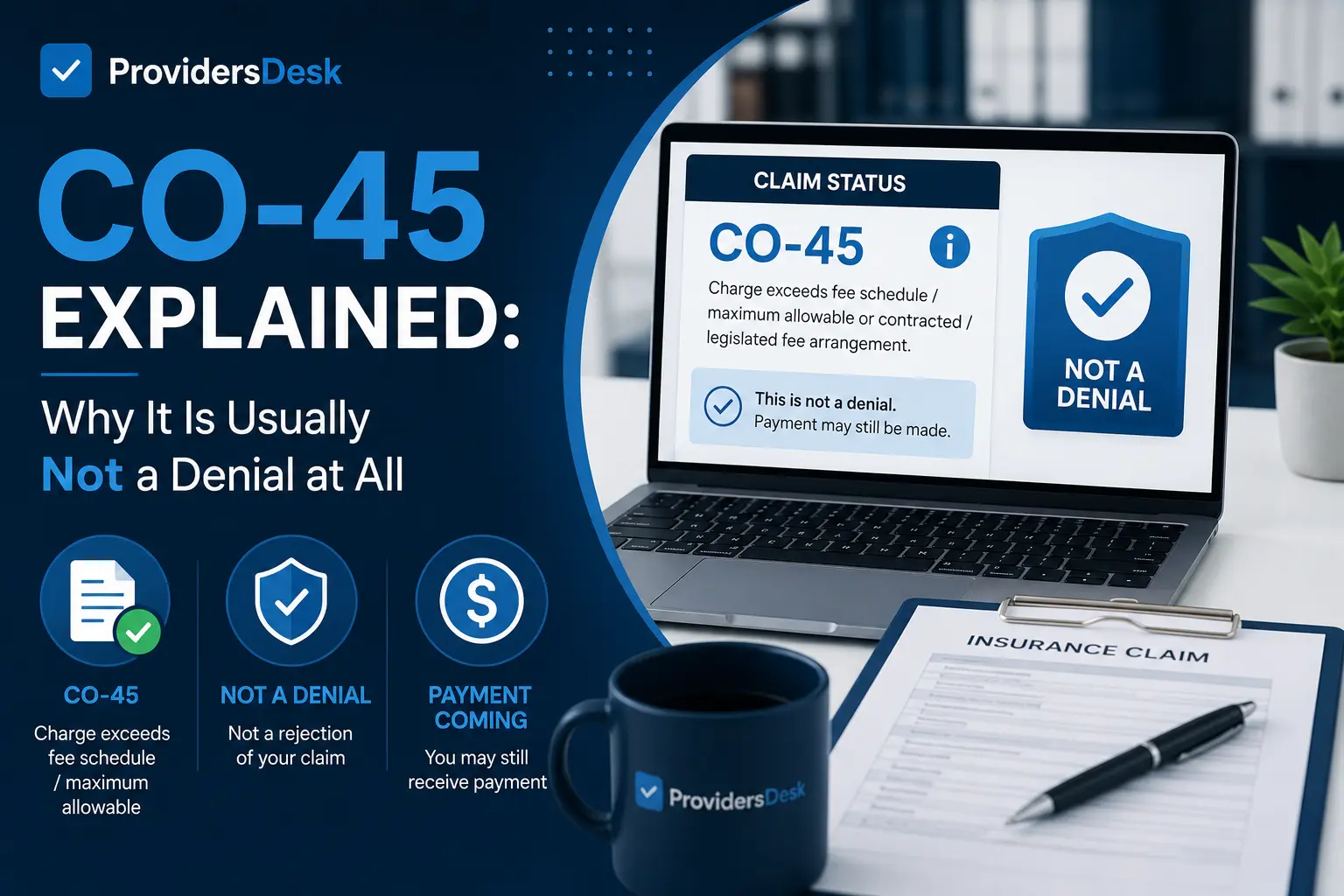 CO-45 explained: medical billing claim adjustment code showing why it is usually not a denial and may still result in payment.