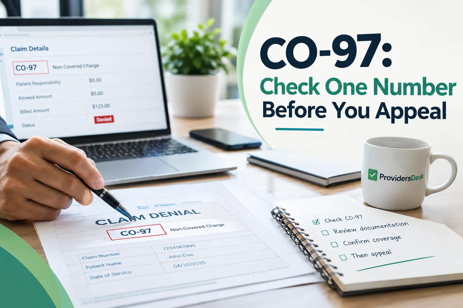 CO-97 medical billing infographic showing a denied claim, a highlighted CO-97 adjustment code, and a checklist to verify coverage and documentation before submitting an appeal.