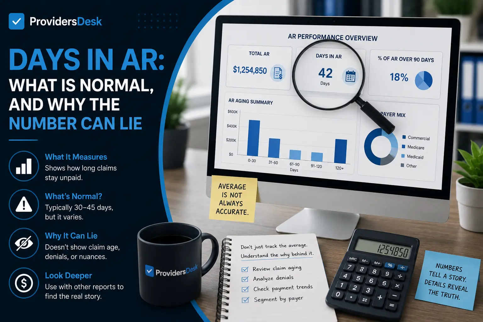 ProvidersDesk infographic explaining Days in AR, showing a 42-day accounts receivable metric, claim aging, payer mix, and why the average number can be misleading.