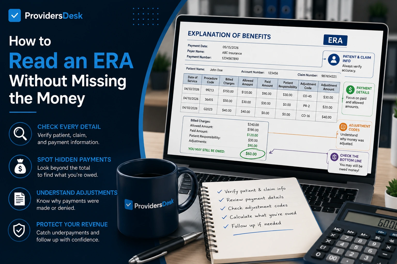 ProvidersDesk infographic showing how to read an ERA, including reviewing patient and claim details, payment amounts, adjustment codes, and identifying potential unpaid revenue.