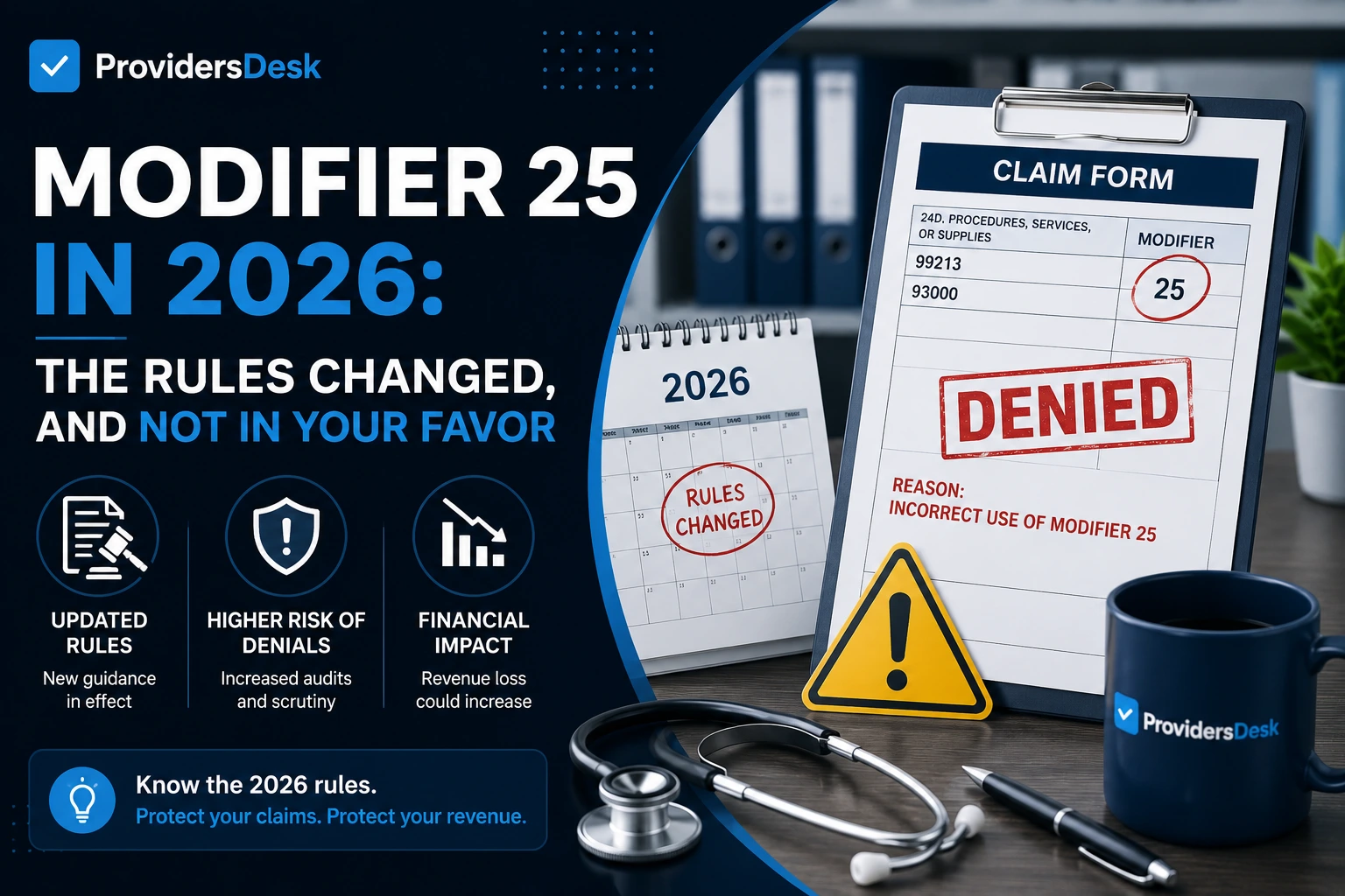 Modifier 25 in 2026 medical billing infographic showing updated rules, increased denial risk, and a claim form marked denied.