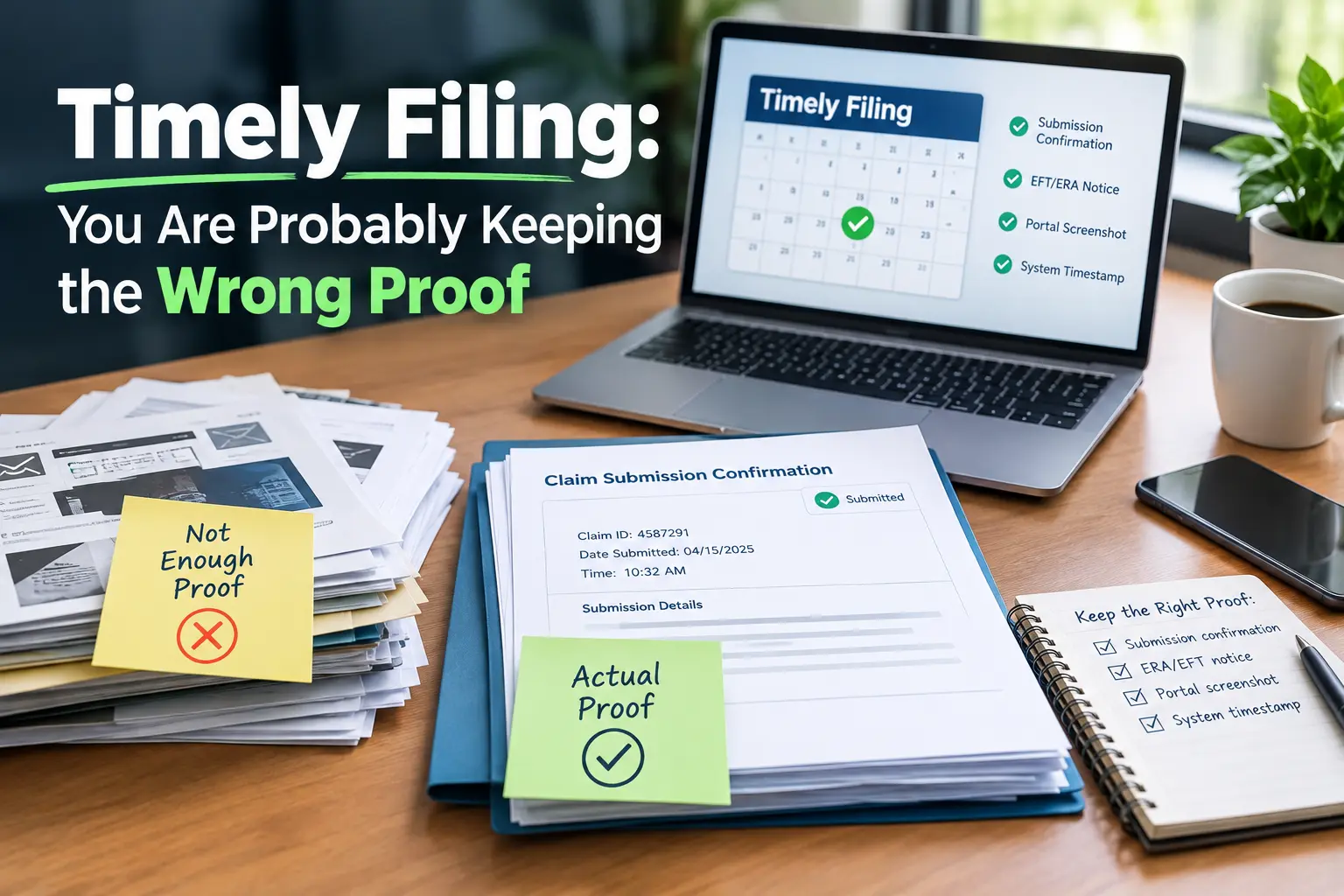 Timely filing medical billing infographic showing claim submission confirmation, filing dates, and the importance of keeping proper proof of timely claim submission.